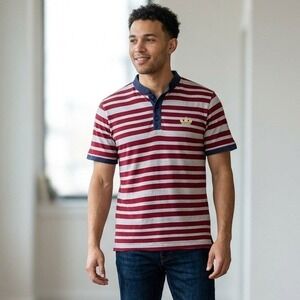 Adidas Mens Large Polo Shirt Red Grey Striped Trefoil Logo Short Sleeve Henley